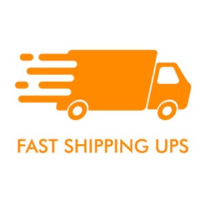 May include: Orange silhouette of a delivery truck with motion lines, conveying speed. The text "FAST SHIPPING UPS" is displayed below the truck, indicating quick delivery services.