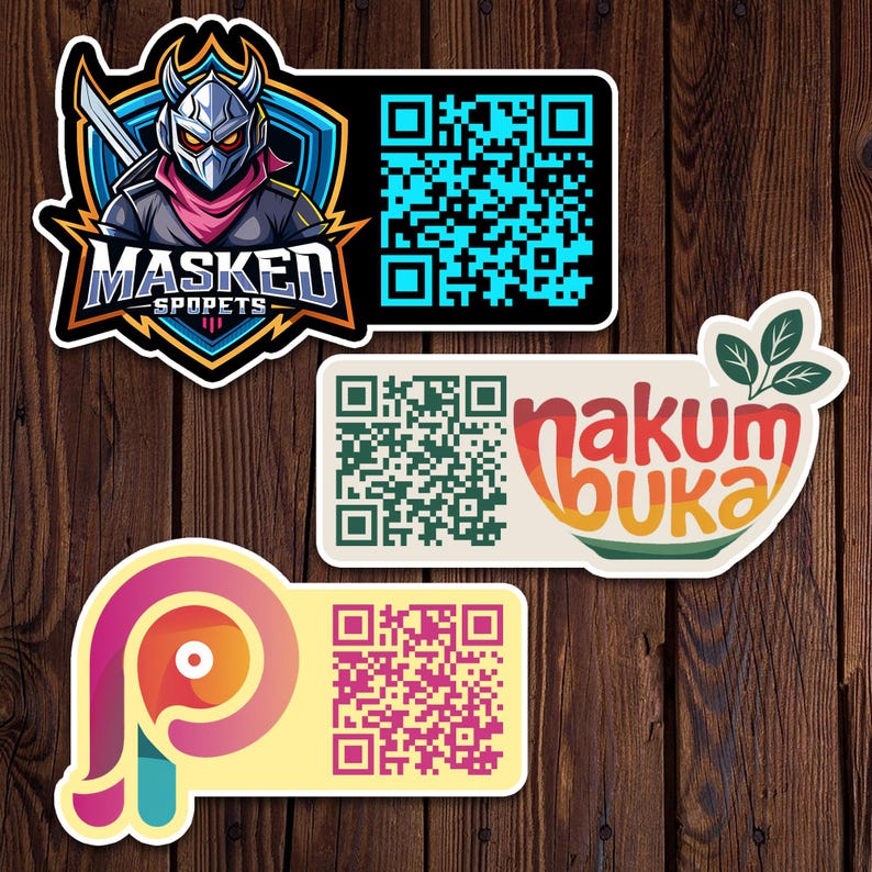 May include: A collection of colorful stickers with QR codes. One sticker features a masked character with the text "MASKED SPOPETS". Another displays the text "nakum buka" with a leaf design. The third sticker has a colorful abstract design.