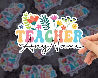 Personalized Teacher Name Floral Stickers: Waterproof Vinyl Die-Cut Labels