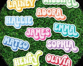 May include: A collection of colorful name stickers in various fonts and styles. Names include Lainey, William, Adora, Hallie, Emma, James, Mateo, Sophia, Henry, and Olivia. The stickers are on a green, grassy surface.