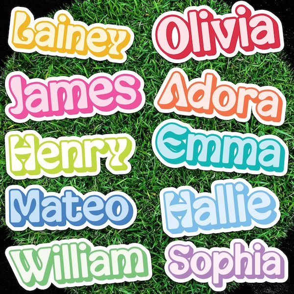 Pegatinas con nombre personalizadas: vinilos impermeables, pegatinas para botellas de agua y portátiles.