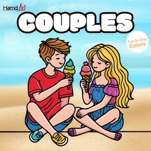 May include: A cartoon illustration of a couple enjoying ice cream on a beach. The man is wearing a red shirt and blue shorts. The woman is wearing a blue dress with a pink top and has long blonde hair. The text "Couples" is written in large white letters at the top of the image. The text "Fun & Cozy Colors" is written in the top right corner of the image.