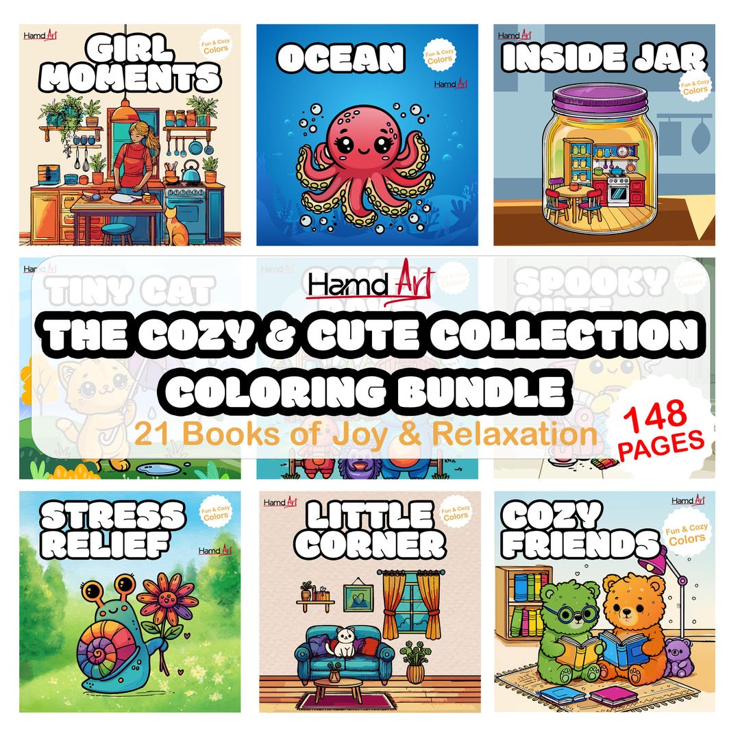 Coloring Book 148 Pages Bundle Set - Bold and Easy Designs Cute & Cozy ...