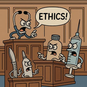 Op de afbeelding: Een cartoonillustratie van een proces met vier personages: een stethoscoop, een fles medicijnen, een spuit en een mes. De stethoscoop is de rechter en zegt "ETHIEK!" De andere personages staan terecht.