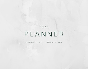 May include: A white planner with a gray watercolor background. The text "2025 PLANNER YOUR LIFE, YOUR PLAN" is printed in gray on the front cover. The text "MYDAYBOOK" is printed in gray at the bottom of the cover.