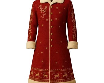 May include: A long, red coat with a cream-colored faux fur collar and cuffs. The coat features gold embroidered reindeer and star patterns. It has a button-up front and a decorative border with reindeer.