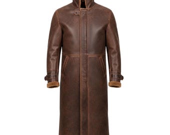 Abrigo largo de invierno de piel de oveja marrón para hombre: gabardina de piel auténtica desgastada con forro de piel sintética.