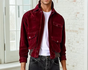 New Unisex Handmade Trucker Style Vintage 1980s Shining Red Corduroy Bomber Jacket