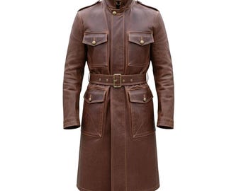 Vintage Mid-Century Style Double Breasted Leather Overcoat - Boho Chic Genuine Brown Leather Trench Coat