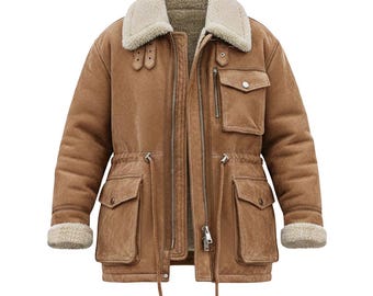 May include: A brown suede jacket with a cream-colored shearling collar and lining. The jacket features a zip-up front, multiple pockets, and adjustable waist ties. The cuffs are trimmed with shearling. A stylish outerwear piece.