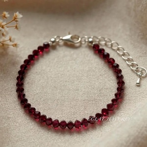 Dainty Garnet Bracelet: 3mm Faceted Deep Red Minimalist Gemstone Jewelry January Birthstone