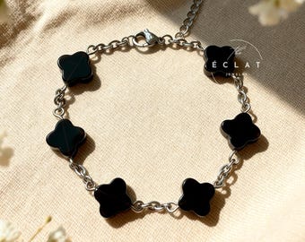 Pulsera de trébol de obsidiana negra: Gema natural, cadena de acero inoxidable, accesorio minimalista ajustable