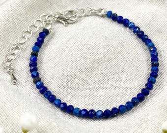 Lapis Lazuli Bracelet: 2mm Faceted Deep Blue Gemstone, Adjustable, September Birthstone Jewelry