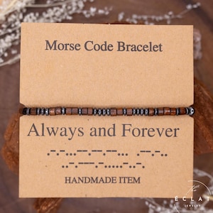 Pulsera con el lema "Siempre y para siempre" en código Morse: cordón ajustable con cuentas de madera y hematita, joyería unisex