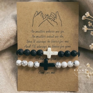 Lava & Howlite Cross Bracelets: Matching Couples Jewelry Set, Natural Stone Beaded Friendship Bundle
