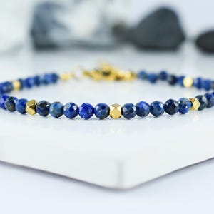 Lapis Lazuli Bracelet: 3mm Faceted Deep Blue Gemstone Jewelry with Gold Charms September Birthstone