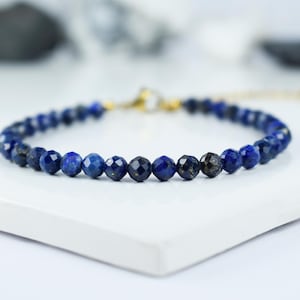 Lapis Lazuli Bracelet: 4mm Faceted Deep Blue Dainty Gemstone Jewelry with Stainless Steel Clasp