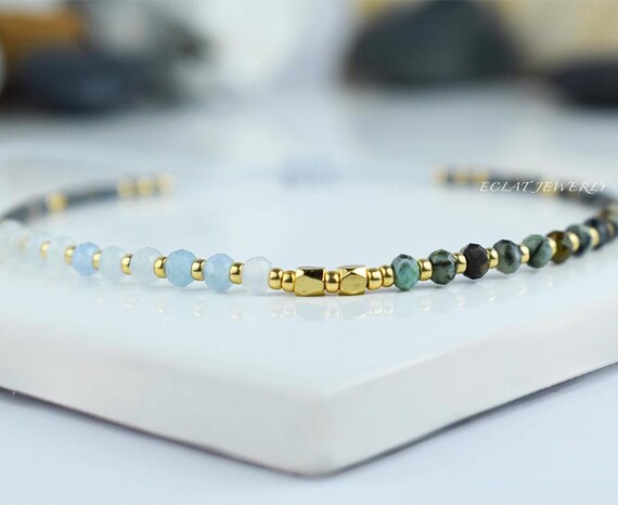 Ultra Thin Aquamarine & African Turquoise Bracelet: Tiny Faceted 2mm Gemstones, Adjustable Minimalist Jewelry