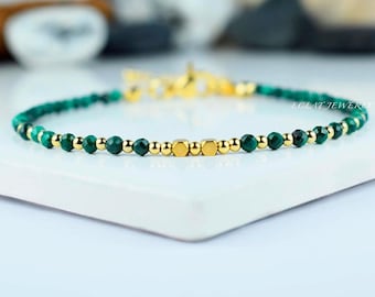 Faceted Malachite Beaded Bracelet: 2mm Green Gemstone, Gold Accents, Adjustable Minimalist Jewelry