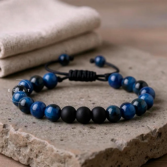 Blue Tiger Eye Bracelet: Natural Gemstone, Black Onyx Beads, Adjustable Macrame Cord, Unisex Jewelry