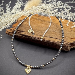 Adjustable Hematite Bracelet: 2mm Faceted Beads, Stainless Steel Heart Charm, Minimalist Dainty Women Jewelry