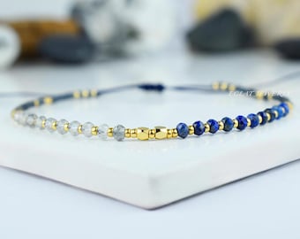 Ultra Thin Labradorite Lapis Lazuli Bracelet: Tiny Faceted Gemstones, Adjustable Dainty Jewelry