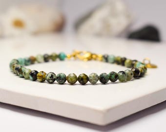 African Turquoise Adjustable Bracelet: 4mm Faceted Gemstone Jewelry for Calming and Harmony