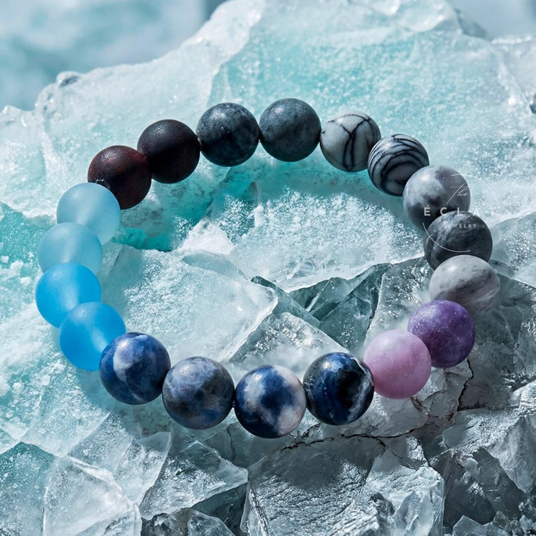 Uranus Galaxy Bracelet: Natural Stone Beads, Blue & Black Agate