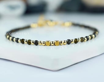 Dark Green Tourmaline Beaded Bracelet: 3mm Faceted Gemstone, Gold Accents, Adjustable Minimalist Jewelry