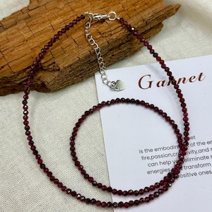 Garnet Tiny 3mm Crystal Choker Minimalist Bead Necklace Dainty Gemstone Jewelry Layering Style With Healing Energy Meaning Card Unique Gift