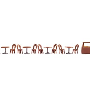 May include: A miniature set of four brown circular tables with silver-colored pedestals, ten brown chairs, and one brown rectangular storage crate. The items are arranged in a horizontal line against a plain white background.