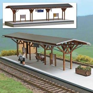 Busch 10002 O Scale Adorf Station Platform w/Wood Canopy Laser-Cut Wood/Card Kit