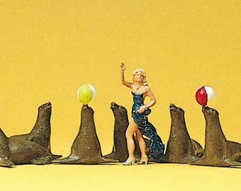 Figuras de circo em escala HO Preiser 20260 Leões marinhos com Lady Trainer