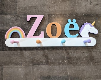 Personalized Rainbow  Unicorn Coat Rack - Girls Personalized Coat Rack - Wall Peg  - Rainbow Themed Coat Rack - Unicorn Themed Coat Rack