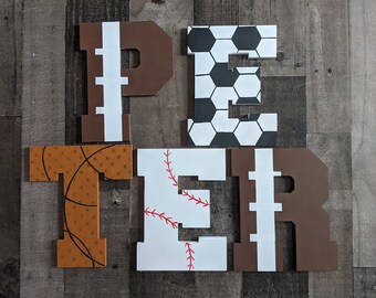 Custom Block Letter Name Sign - Custom Boys Block Letter Sports Themed Name Sign - Custom Hanging Block Letters - Boys Name Sign