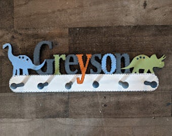 Personalized Dinosaur Coat Rack - Kids Personalized Dino Coat Rack - Dino Wall Peg - Hand Painted Dinosaur Custom Hanger - Dino Coat Rack