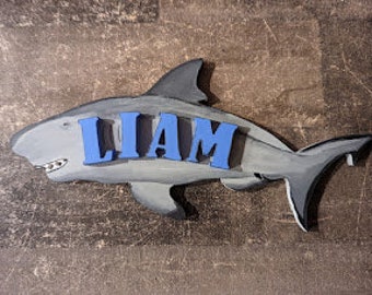 Large Size Hand Painted Shark Name Sign - Boys Shark Nursery Sign - Boys Shark Theme Name Sign - Shark Boys Room Name Sign - Shark with Name
