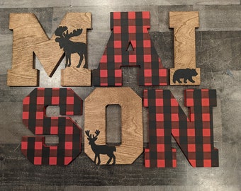 Buffalo Plaid Letter Name Sign - Custom Boy Woodland Animal - Name Sign Buffalo Plaid and Stained Hanging Block Letters - Woodland Nursery