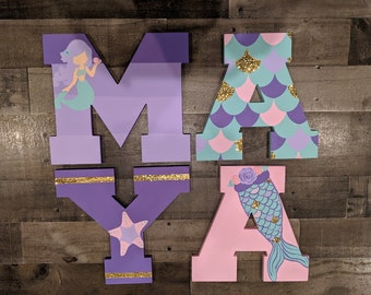 Custom Block Letter Mermaid Name Sign - Custom Girls  Block Letter Mermaid Themed Name Sign - Custom Hanging Block Letters - Girls Name Sign