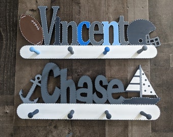 Personalized Coat Rack - Kids Personalized Coat Rack - Wall Peg - Custom Hanger - Sports Themed Coat Rack - Nautical Themed Coat Rack