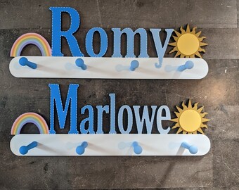 Personalized Ombre Rainbow and Sun Coat Rack - Girls Personalized Coat Rack - Wall Peg - Rainbow and Sunshine Themed Coat Rack - Peg Rack