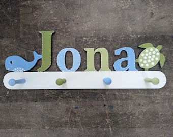 Personalized Under the Sea Themed Coat Rack - Kids Personalized Whale and Sea Turtle Coat Rack - Whale Wall Peg - Sea Turtle Custom Hanger