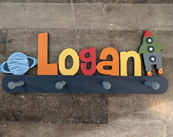 Personalized Rocket Ship Coat Rack - Kids Personalized Space Coat Rack - Rocket Ship Wall Peg - Hand Painted Space Themed Custom Hanger