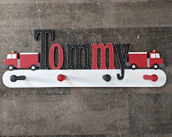 Personalized Coat Rack - Kids Personalized Coat Rack - Wall Peg - Custom Hanger - Fire Engine Wall Rack - Fire engine Kids Coat Rack