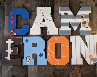 Custom Block Letter Name Sign - Custom Boys Block Letter Sports Themed Name Sign - Custom Hanging Block Letters - Boys Name Sign