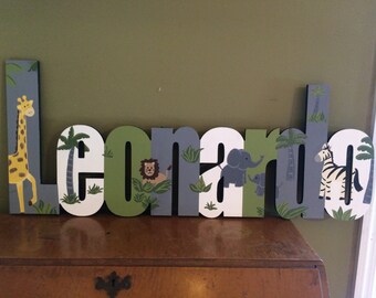 Custom Hand Painted Boys Jungle themed Name Sign - Nursery Wall Letters Name Sign - Wood Wall Letters Boy Style