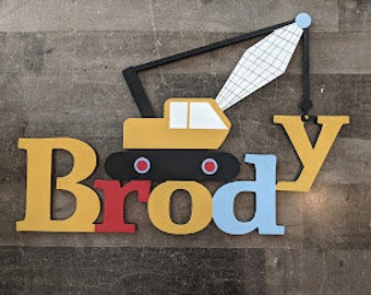 Large Custom Boys Truck Name Sign - Boys Construction Name Sign - Crane Truck Name Sign - Boys Vehicle Decor - Crane Truck - Boys Name Sign