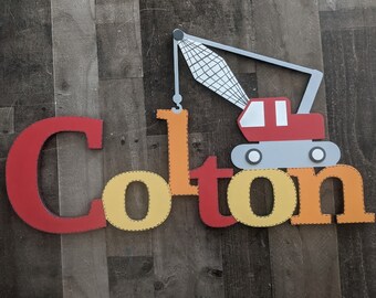 Medium Custom Boys Truck Name Sign - Boys Construction Name Sign - Crane Truck Name Sign - Boys Vehicle Decor - Crane Truck - Boys Name Sign