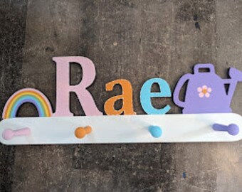 Garden Themed Personalized Peg Rack - Girls Flower and Watering Can Coat Rack - Wall Peg - Garden Peg- Garden Themed Peg Rack - Flower Rack