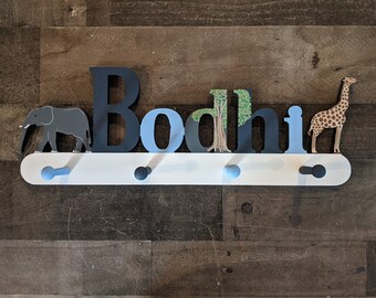 Personalized Jungle Themed Coat Rack - Kids Personalized Jungle Coat Rack - Elephant Wall Peg - Hand Painted Giraffe Custom Hanger